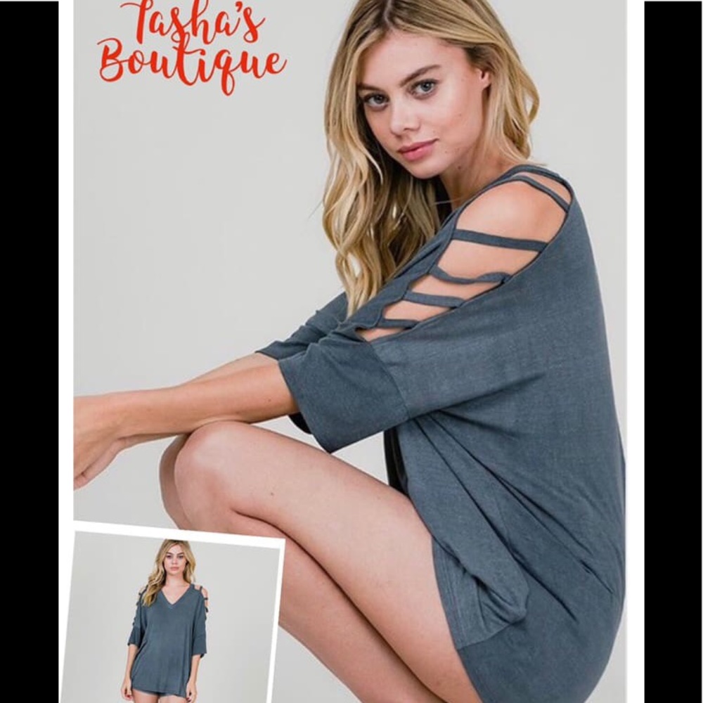 Blue gray open shoulder top